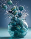Vibrant blue macarons splashing into a clear glass jar filled with water, a dynamic dessert scene. Royalty Free Stock Photo