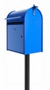 Vibrant blue mailbox isolated on white background showing front and side views and lock detail Royalty Free Stock Photo