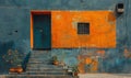 A vibrant blue and orange building with stairs leading up to it Royalty Free Stock Photo