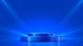 Vibrant Blue Stage Podium with Grid Floor and Spotlights Royalty Free Stock Photo
