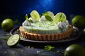 A vibrant blue tart topped with lime slices rests on a black surface