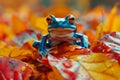 Vibrant Blue Tree Frog Perched on a Bed of Vivid Autumn Leaves in a Colorful Forest Setting