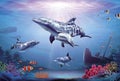 Pod of lovable dolphin family playing together in colorful tropical ocean with shipwreck and sperm 3d illustration