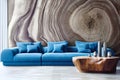 Vibrant blue velvet sofa and tree stump coffee table against wall decorated with tree cross-section. Minimalist home interior