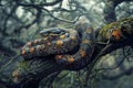 Vibrant Boa Constrictor Camouflaged on Moss Covered Branch in Misty Forest Royalty Free Stock Photo