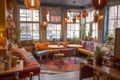 Vibrant Bohemian Chic Coffeeshop interior with Cozy Atmosphere. Generative AI..