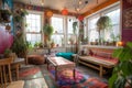 Vibrant Bohemian Chic Coffeeshop interior with Cozy Atmosphere. Generative AI..