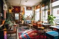 Vibrant Bohemian Chic Coffeeshop interior with Cozy Atmosphere. Generative AI..