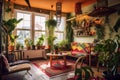 Vibrant Bohemian Chic Coffeeshop interior with Cozy Atmosphere. Generative AI..