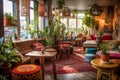 Vibrant Bohemian Chic Coffeeshop interior with Cozy Atmosphere. Generative AI..