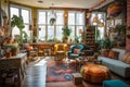 Vibrant Bohemian Chic Coffeeshop interior with Cozy Atmosphere. Generative AI..