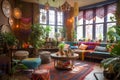 Vibrant Bohemian Chic Coffeeshop interior with Cozy Atmosphere. Generative AI..