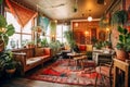 Vibrant Bohemian Chic Coffeeshop interior with Cozy Atmosphere. Generative AI..