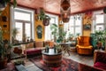 Vibrant Bohemian Chic Coffeeshop interior with Cozy Atmosphere. Generative AI..