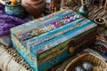 A vibrant, bohemian gift box with eclectic patterns and text resting on a wooden table, A bohemian gift box with eclectic patterns