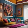 A vibrant, bohemian living room with colorful textiles, eclectic decor, and floor cushions2 Royalty Free Stock Photo