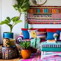 A vibrant, bohemian living room with a mix of colorful patterns, textures, and eclectic decor from around the world2, Generative Royalty Free Stock Photo