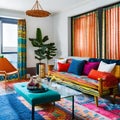 A vibrant, bohemian living room with a mix of colorful patterns, textures, and eclectic decor from around the world3, Generative Royalty Free Stock Photo