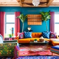 A vibrant, bohemian living room with a mix of colorful patterns, textures, and eclectic decor from around the world5, Generative Royalty Free Stock Photo
