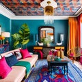 A vibrant, bohemian living room with a mix of colorful patterns, textures, and eclectic decor from around the world1, Generative Royalty Free Stock Photo