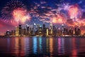 Vibrant bokeh backdrop with blurred effect, dazzling fireworks, energetic crowds celebrating