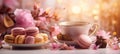 Vibrant bokeh backdrop for a charming tea party with pastries, flowers, and unique teas Royalty Free Stock Photo