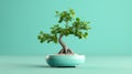 Vibrant Bonsai Tree On Blue Background: Zbrush Style Desktop Wallpaper