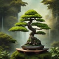 Vibrant bonsai tree is featured growing atop a moss Royalty Free Stock Photo