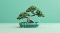 Mint Bonsai Tree: Modern Illustration With Bold Contrast And Symmetrical Balance