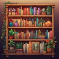 Vibrant Bookshelf With Lush Plants: Hyper-detailed 2d Game Art