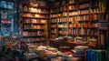 Cozy Bookstore Interior Bookshelves Reading Room Library Atmosphere old warm home gold light study Royalty Free Stock Photo