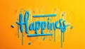 A vibrant border of yellow and orange hues surrounds a mock-up where the word Happiness is centered, inscribed using a