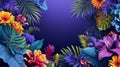 Vibrant Botanical Symphony with Blue Gradient. Rich botanical array set against a deep blue gradient background