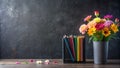 Vibrant bouquet of colorful flowers and an array of colored pencils on a dark background. Generative AI Royalty Free Stock Photo