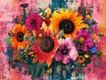 A vibrant bouquet of flowers: pink, orange, yellow, red, and blue. Detailed and visually captivating, expressing vitality