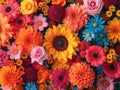 A vibrant bouquet of flowers: pink, orange, yellow, red, and blue. Detailed and visually captivating, expressing vitality