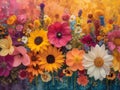 A vibrant bouquet of flowers: pink, orange, yellow, red, and blue. Detailed and visually captivating, expressing vitality