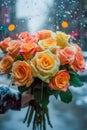 Vibrant Bouquet of Fresh Yellow and Orange Roses Against a Rainy Window Background with Bokeh Lights Royalty Free Stock Photo