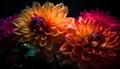 Vibrant bouquet of multi colored dahlias, chrysanthemums, and gerbera daisies generated by AI