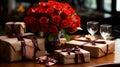 bouquet of red roses in a glass vase, surrounded by gifts wrapped in brown paper with elegant maroon ribbons, set on a