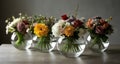 Vibrant bouquets in clear vases, a table setting for a special occasion Royalty Free Stock Photo