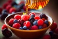 Sweet and Juicy: A Macro Shot of Fresh Berries with Honey Drizzle Royalty Free Stock Photo