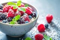 Fresh Mixed Berries with Oatmeal, Healthy Breakfast Concept