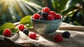 A Bowl of Freshly Picked Raspberries and Blackberries on a Rustic Table Royalty Free Stock Photo