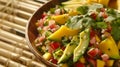 A vibrant bowl of mango avocado salsa, garnished with fresh cilantro, onion, and a sprinkle of sesame seeds, offers a