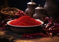 The Vibrant Bowl: A Red Chili Powder Table with a Deep, Dense Co Royalty Free Stock Photo