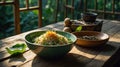 Delicious Green Pea and Rice Bowl with Carrot Garnish, Sunny Outdoor Setting Royalty Free Stock Photo