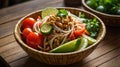 Spicy Thai Green Papaya Salad Som Tum with Tomatoes, Lime, and Peanuts served on wooden basket Royalty Free Stock Photo