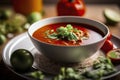 a vibrant bowl of tomato soup, garnished with fresh herbs, surrounded by assorted vegetables on a dark backdrop, ai generative Royalty Free Stock Photo