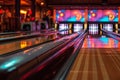 Vibrant Bowling Alley Lanes with Vivid Lights. Royalty Free Stock Photo